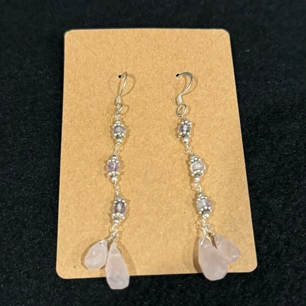 Crackled pink Quartz silver long chandelier earrings
